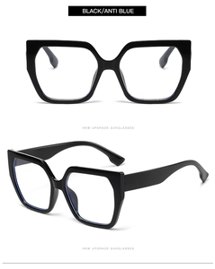 Detail view of black oversized square frames with anti-blue light protection and sleek finish