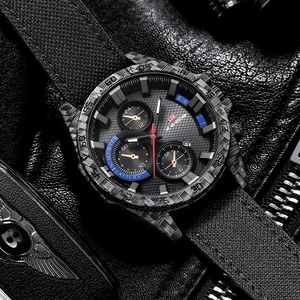 Montre sport homme étanche avec lunette en fibre de carbone et cadran multifonction noir