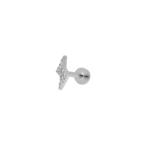 Macro side view of silver lightning bolt stud earring with white zircon and flat back