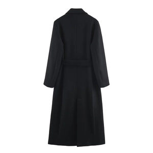Back view of a long black wool blend coat with a matching waist belt and sleek design