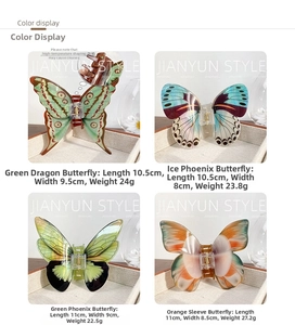 Four-color display of large butterfly hair claws in acetate with various patterns