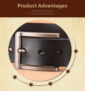 Detail of premium black leather belt showing brushed metal pin buckle and stitching