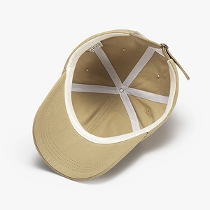 Inside view of khaki 100% cotton 6-panel baseball cap with adjustable metal buckle strap