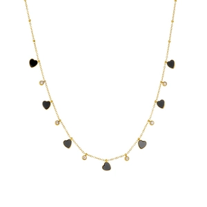 Gold-plated stainless steel necklace with alternating black hearts and crystal charms