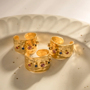 18K gold stainless steel wide ring with hammered texture and colorful zircon stones