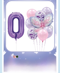 Detail of pink and purple butterfly foil balloons with number 0 and latex confetti set