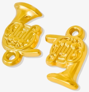 Detailed close-up of two golden French horn pendants made of polished 304 stainless steel