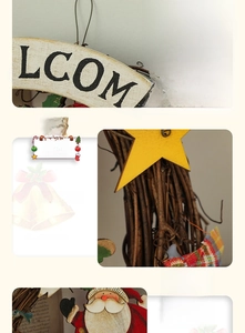Detail of Christmas door sign with metal hook and woven rattan base featuring Santa Claus