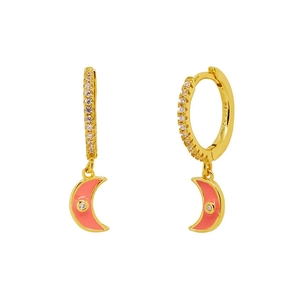 S925 silver needle pink crescent moon earrings with gold finish and sparkling zircons