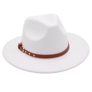 Detail of white wool fedora hat with a brown leather belt buckle and metal studs