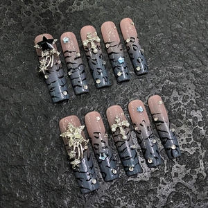 Handmade Grey Gradient Leopard Extra Long Coffin Press On Nails With Rhinestone Cross Decor Gothic Fake Nails For Women Nail Art DIY