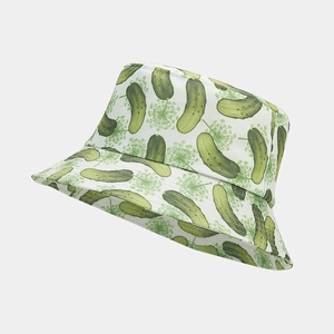Detailed macro view of the fun green pickle and dill print on this white fisherman hat