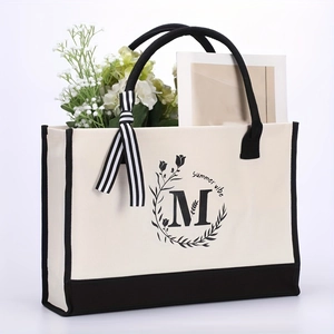 Canvas Tote Bag Initial Floral Wreath Letter Print Summer Vibe Large Capacity Beach Shopping Handbag With Ribbon Bow