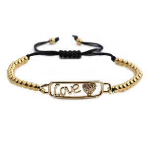 Bracciale Love a cuore placcato oro regolabile con cordino nero e perline dorate