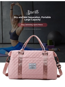 Pink quilted travel bag featuring a large main compartment and waterproof wet-dry pocket