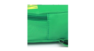 Detailed close-up of green nylon crossbody bag showing premium stitching and quality zipper