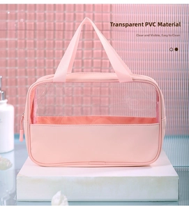 Pink transparent PVC cosmetic bag detail showing clear material and waterproof zipper