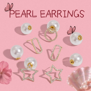 Star-shaped ABS pearl earrings set with gold rhinestone details on pink background