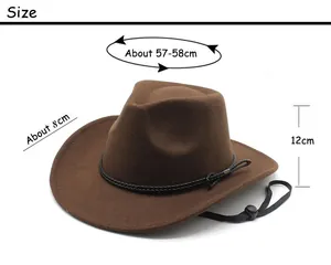 Size chart for brown wool felt cowboy hat with 57-58cm brim and 12cm crown height details