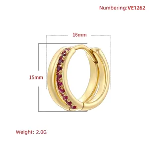 Luxurious gold-plated hoop earrings with rows of round red gemstones, 16mm size