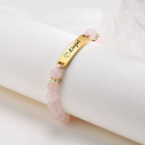 Bracelet bébé personnalisé en acier inoxydable avec cristaux roses et plaque gravée