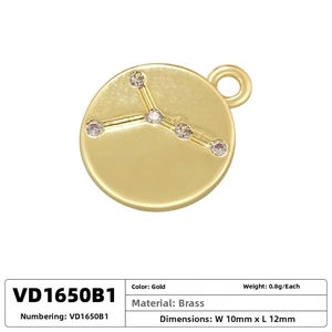 Macro detail of 10x12mm gold zodiac pendant with brass texture and cubic zirconia