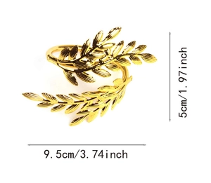 Detailed dimensions of gold wheat leaf napkin ring showing 9.5cm width and 5cm height