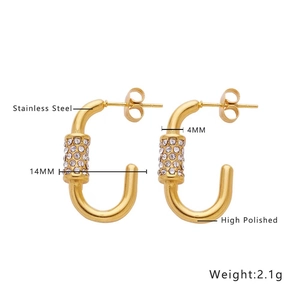 Detailed view of U-shaped gold stainless steel earrings with white zircon dimensions