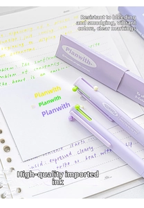 Close-up of 0.5mm 3-in-1 lilac retractable gel pen with three color switching markers