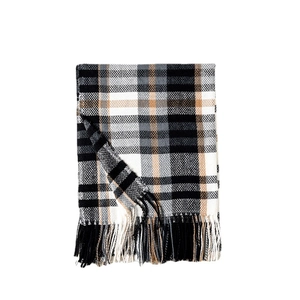 Thick checkered cashmere scarf in black grey and camel tones with fringe tassels