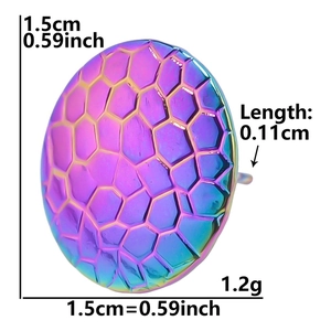 Macro view of iridescent 304 stainless steel stud earring with honeycomb scale texture