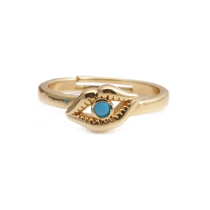 Vue détaillée d'une bague ouverte en forme de lèvres dorées avec pierre turquoise