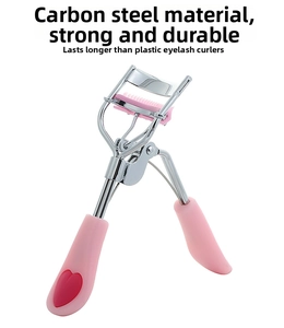 Detail of pink eyelash curler with carbon steel comb for long lasting lifted lashes