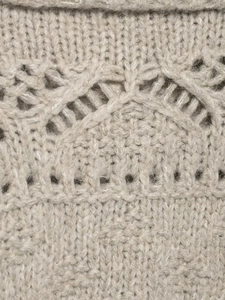 Close-up of beige chunky knit texture with hollow-out patterns and soft wool fibers