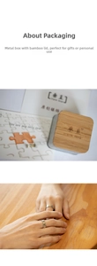 Detailed view of silver and gold puzzle rings with premium bamboo and iron gift packaging