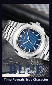 Detailed close-up of a square quartz watch with a blue textured dial and silver steel band