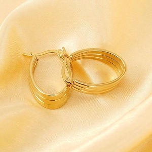 Boucles D'oreilles Créoles En Acier Inoxydable Plaqué Or 18K Pour Femmes Triple Couche Nervuré Ovale Géométrique