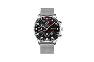 Detail of black chronograph watch face with red V-stripes and silver mesh strap