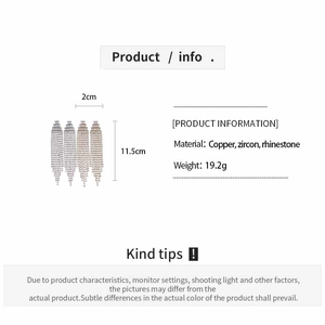 Detailed size chart showing 2cm width and 11.5cm length of long tassel earrings