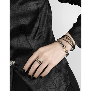 Vintage style S925 silver OT buckle bracelet and textured black ring set for women