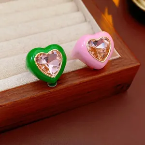 Heart-Shaped Ring Alloy Drip Oil Enamel Inlaid Rhinestone Open Adjustable Fashion Minimalist Jewelry For Women