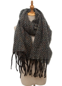 Detailed close-up of dark grey scarf showing intricate colorful weave and fringe edges