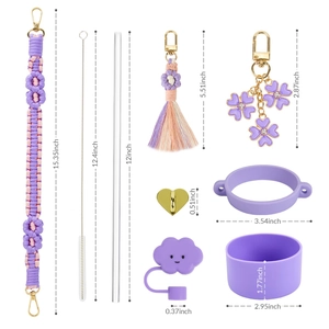 Handmade purple daisy rope handle with silicone cup boot and straw cap set for tumblers