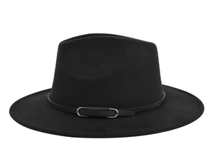 Detail of black felt fedora hat featuring a narrow leather band and silver metal buckle