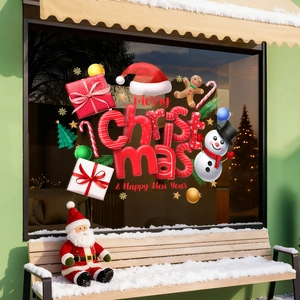Adesivi natalizi 3D per finestre con pupazzo di neve, regali e scritte festive