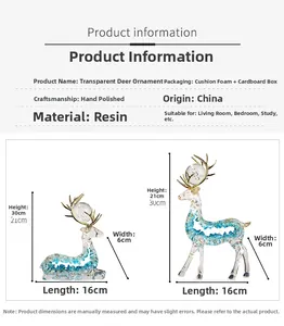 Detailed dimensions of handmade resin elk statues with elegant blue and gold foil accents