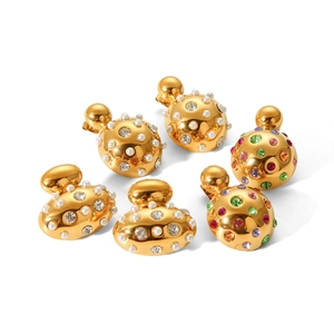 Golden titanium steel stud earring set with pearls, clear crystals and colored gemstones