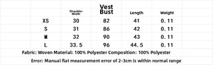 Size chart showing XS to L dimensions for the sleeveless embroidered vest and shorts set