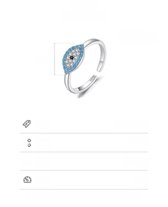 Detail specifications of 925 silver evil eye ring with dimensions and adjustable US 7 size