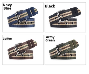 Nylon webbing canvas belts in navy, black, coffee, and army green with metal buckles